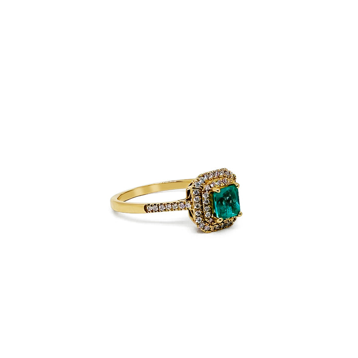 Double Diamond Halo Emerald Ring