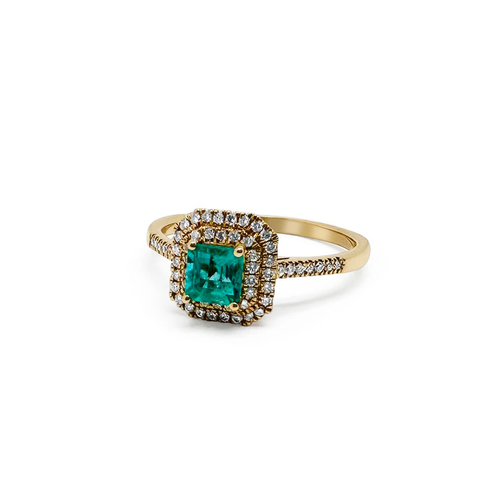 Double Diamond Halo Emerald Ring